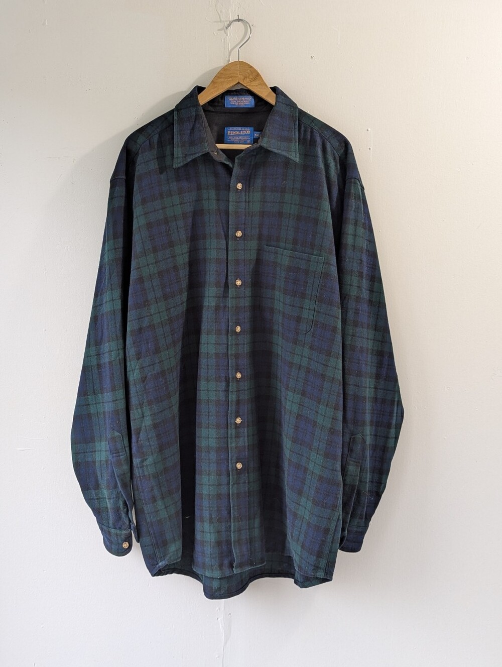 Pendleton Wool Black Watch Plaid Button-Down Shirt Green Navy Size XL Tall